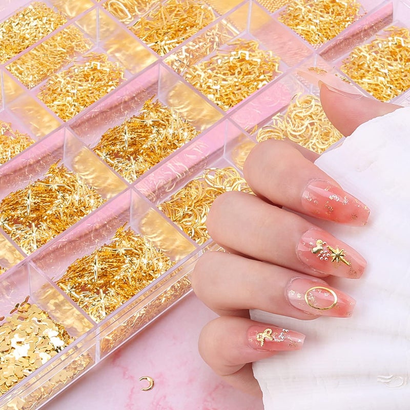 28 Grids Gold Metal Nail Studs 3D Mix Geometry Nail Art Glitter Flakes Decorations Set Multiple Shapes Rivet Jewelry Accessories for Women Girls Manicure Acrylic Nails Supplies DIY Crafts Sequins